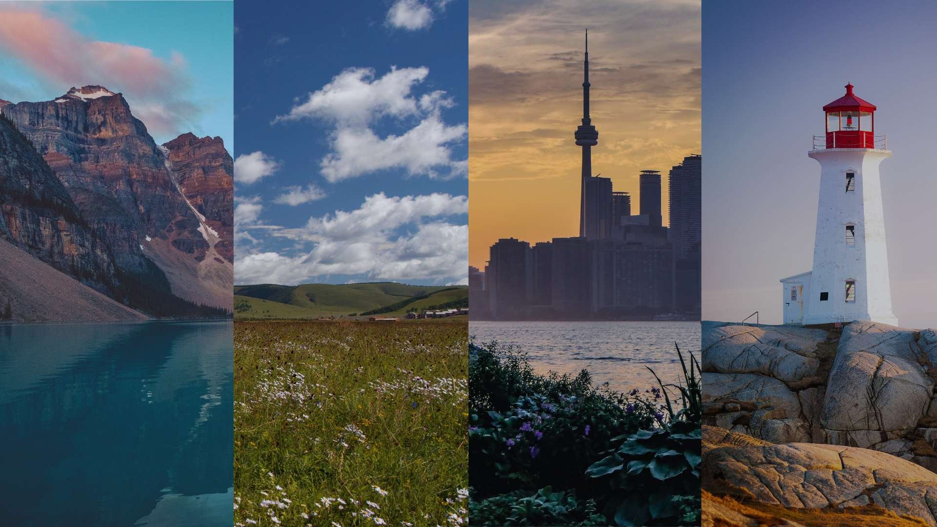 Canadian Rockies, prairies, Toronto skyline and Atlantic lighthouse